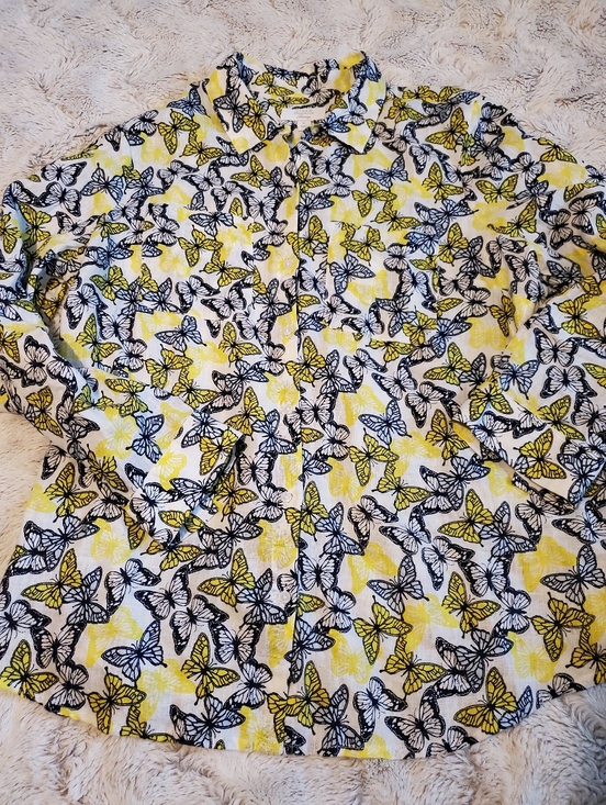 Charter Club Tops - Charter Club Linen Luxury Shirt Large Button Up Blue Yellow Butterflies